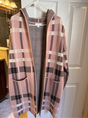 Charter Club Pink Plaid Hooded Open-Front Coatigan with Patch Pockets